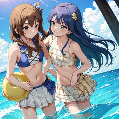 idol、swimwear、separate、belly button exposed、shoulder、ocean辺、photograph、ocean、swim ring、oceanに浮かぶ、conversation with a smile、playi...