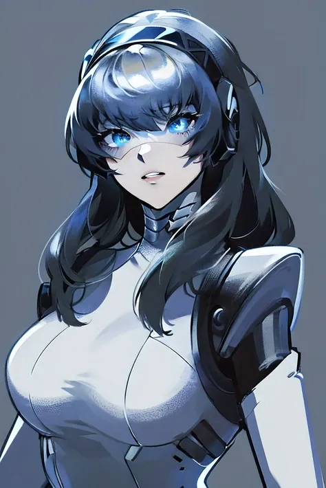 empty eyes,robotized woman ,big bust,Robot Joint ,Metal skin,Black Suit,long hair,a suit that covers the whole body,aegis(persona3)