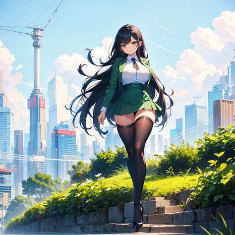 (solo), 1 skinny girl standing, short torso, skinny long legs, bursting huge breasts, inconceivably narrow waist, swaying back, arms behind back, BREAK, green blazer, green high-waist skirt, thigh gap, black thighhighs, stiletto heels