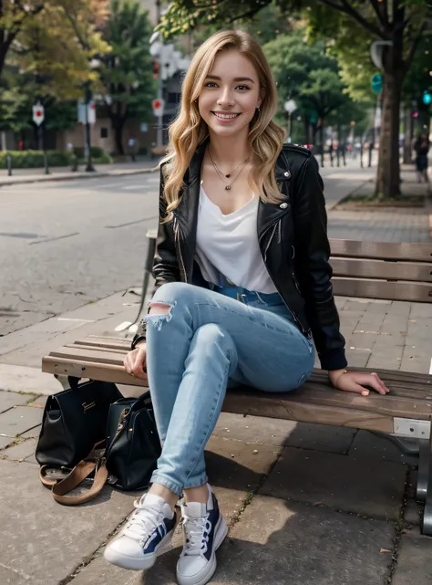 High resolution, 8k wallpaper, Beautiful Caucasian Woman、Full body photo、,Leather jacket、 sitting on a park bench、shirt、Skinny jeans、sneakers、、Necklace around the neck、 Blonde、Short Haircut、Wavy Hair、ear piercing、smile、Beautiful teeth alignment、