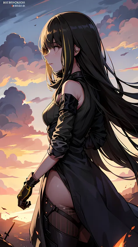 M4A1 (Girls Frontline), ((1girl)), (masterpiece, high quality, compelling illustration:1.3), (girl standing in a scorched battlefield:1.2), (stern expression conveying determination:1.2), (devastation and chaos in the background:1.2), (charred earth and sm...