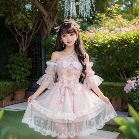 best quality, Delicate face，beautiful visual work, lifelike, eternity, black hair, Long curly hair, blunt bangs, Smile, Detailed Background, Delicate face，blush，cold，((masterpiece))、(top quality)、8k、high detail、Super detailed，31-year-old female，lolita dres...