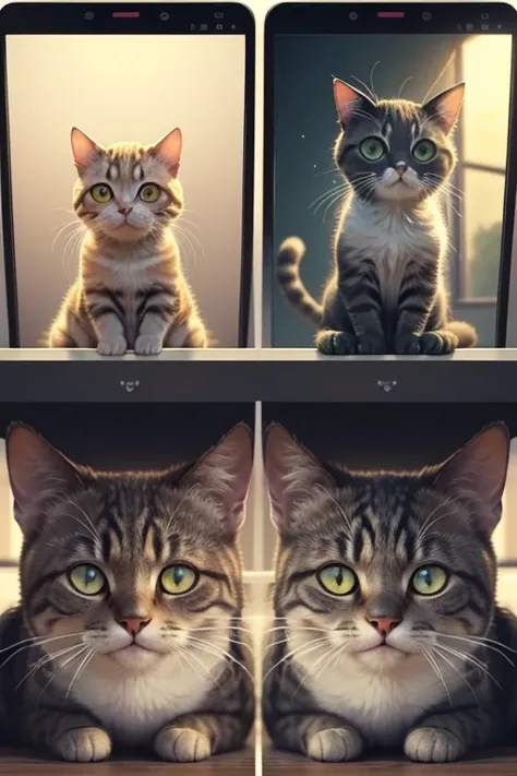 (split screens of top and bottom), Cat Spot the Difference, Almost the same composition Top and bottom, There are three differences between the screen above and the screen below, Train your brain! Find the differences with cat photos A cat-themed brain tra...