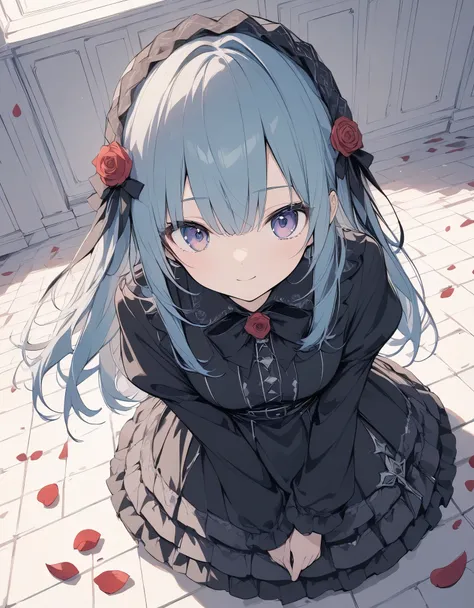 High resolution, Attention to detail, high quality, High resolution, 最high quality, 4K, 8k, Awards、BREAK、Gothic、Gothic Lolita、BREAK、Rose petals fall、Mysterious artwork、Flat color、Rose Floor Background、Wide-angle lens、solo,1人