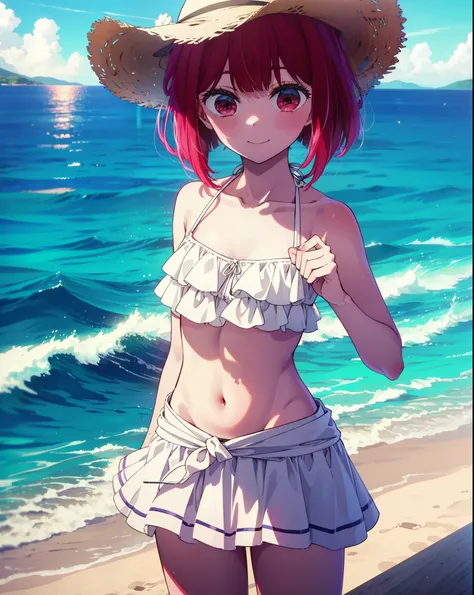 canary, Arima etc., short hair, bangs, (Red eyes:1.3), Redhead, Bobcut, Straw hat,smile,White string bikini swimsuit with frills,Belly button,abdomen,A thin long skirt is wrapped around her waist,barefoot,Sandy Beachを散歩している,whole bodyがイラストに入るように,
break out...