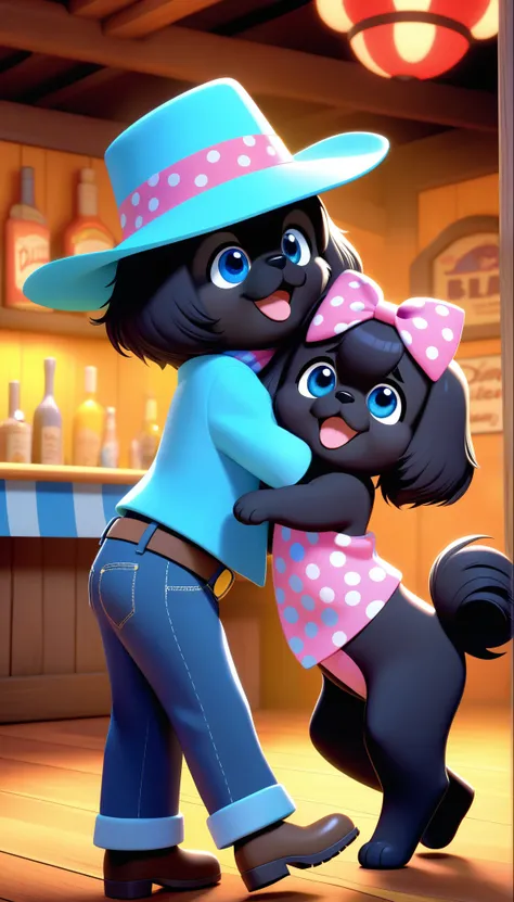 2 adorable black shih tzu puppies with big blue eyes wearing colorful bandanas and cowboy hats dancing on disney dance floor at ...