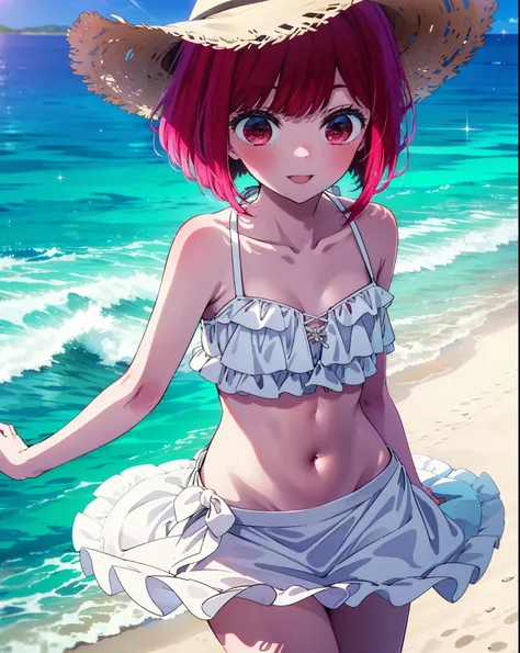 canary, Arima etc., short hair, bangs, (Red eyes:1.3), Redhead, Bobcut, Straw hat,smile,Open your mouth,blush,White string bikini swimsuit with frills,Belly button,abdomen,A thin long skirt is wrapped around her waist,barefoot,Sandy Beachを散歩している,whole body...