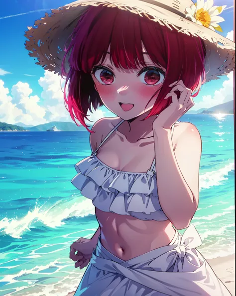 canary, Arima etc., short hair, bangs, (Red eyes:1.3), Redhead, Bobcut, Straw hat,smile,Open your mouth,blush,White string bikini swimsuit with frills,Belly button,abdomen,A thin long skirt is wrapped around her waist,barefoot,Sandy Beachを散歩している,whole body...
