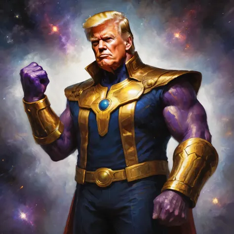 Donald Trump in a triumphant pose, He is portraying villain Thanos, wearing the Infinity gauntlet
