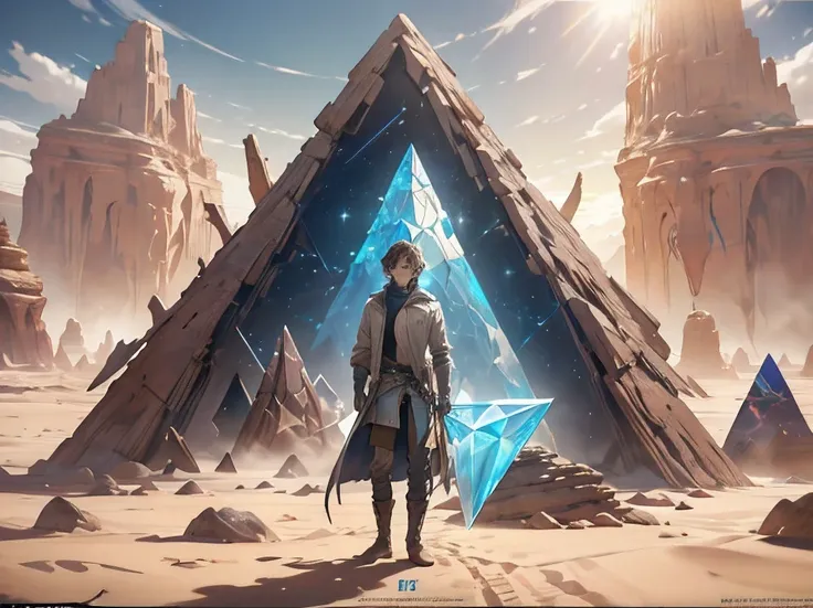 there is a man standing in the desert with a large object, full of glass. cgsociety, magical crystals, still frame from a movie,...