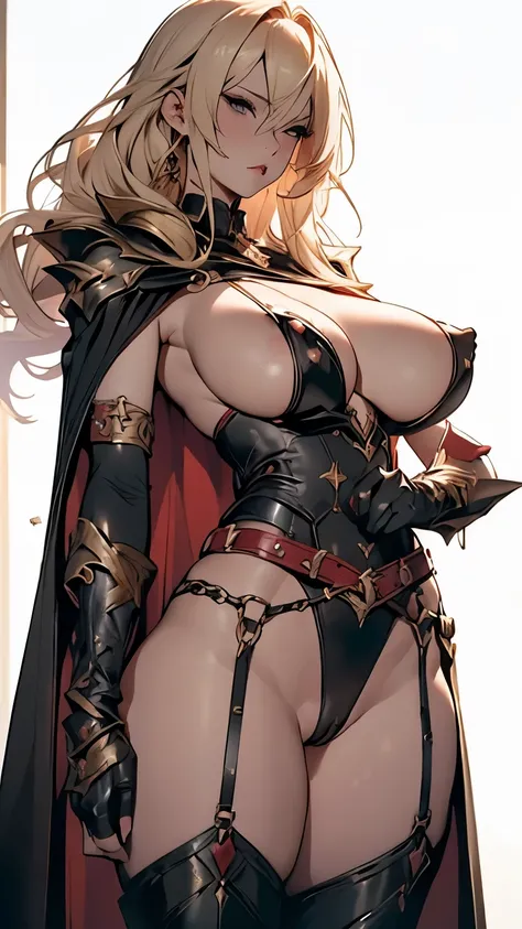 True Face、Holding Excalibur in both hands、Blonde、Black Cape、Big red crotch tattoo、Black metallic string bikini、(Huge breasts:1.5)、Underboob、Sideboob、garter belt、Camel toe、Thick thighs、Wide Hips、curve、Golden Gauntlet、Gold Long Boots、(NSFW:1.5)、Revealing out...