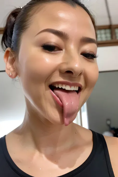 Tabletop,,Award-winning photo, Very detailed, Sharp focus on the eyes, Nose and mouth,Face Focus, Woman with open mouth and closed eyes, blue camisole、Age 35,Black-haired、Symmetrical face,Realistic nostrils、Angle from below,,Sweaty skin、Lighting that highl...