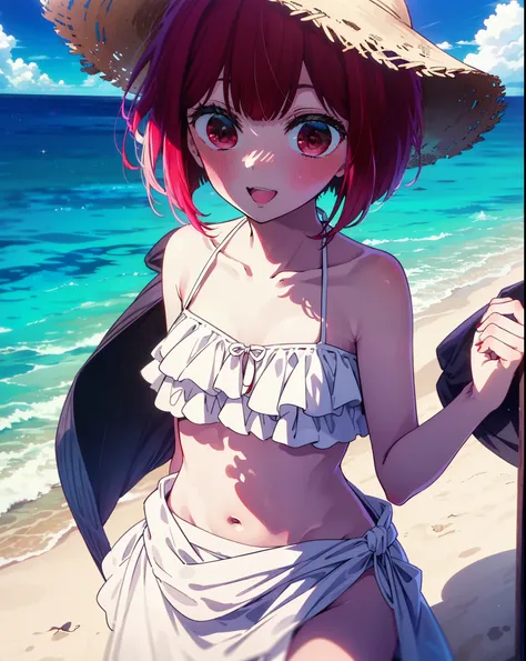 canary, Arima etc., short hair, bangs, (Red eyes:1.3), Redhead, Bobcut, Straw hat,smile,Open your mouth,blush,White string bikini swimsuit with frills,Belly button,abdomen,A thin long skirt is wrapped around her waist,barefoot,Sandy Beachを散歩している,whole body...