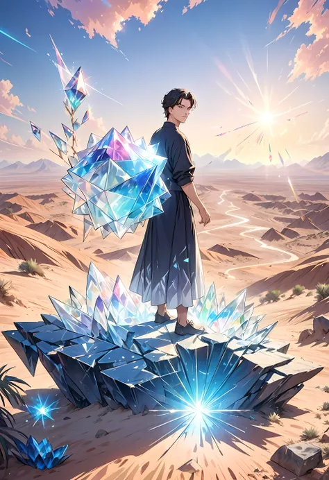 A man standing in the desert，Holding a large object in his hand, Full of glass. CG Society, Magic Crystal, Still frame from a movie, Inspired by Louis Mathieu Verdilhan, trance dj album cover, crack, triangle Fragments, lens flare, Connectivity, [ Fragment...