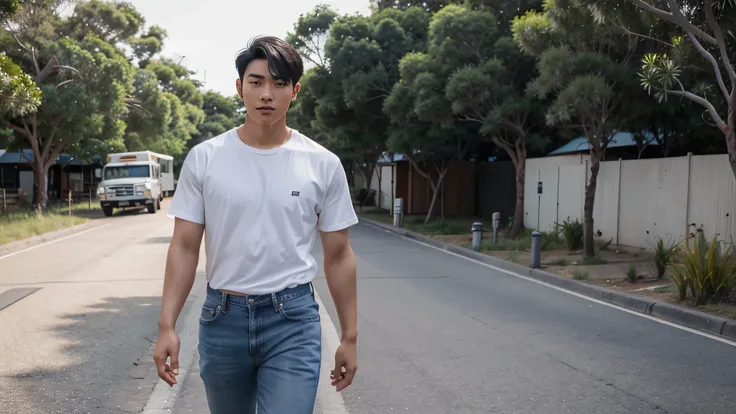 Korean man 20 years old, handsome, muscle, golden ratio face, black undercut hair, wearing white tshirt and jeans, is walking in the Australian outback.