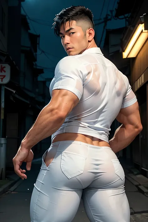 40-year-old boy japanese muscular male in white police uniform., wearing white thong..........gooning seductive expression.........