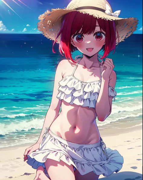 canary, Arima etc., short hair, bangs, (Red eyes:1.3), Redhead, Bobcut, Straw hat,smile,Open your mouth,blush,White string bikini swimsuit with frills,Belly button,abdomen,A thin long skirt is wrapped around her waist,barefoot,Sandy Beachに立っている,whole bodyが...