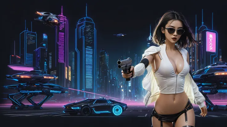 At night, simple outlined cyberpunk city, flying cars, line art background. (1girl, solo), photo realistic, medium-breast:1.3 slim body, cleavage, sling top, miniskirt, black sunglasses, holding a short gun, half-body thigh level medium shot, cinematic lig...