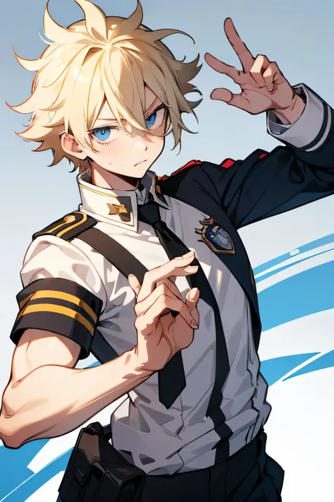 1boy, blonde hair, blue eyes, messy hair, short hsir, UA high uniform, my hero academia uniform, pose for school id