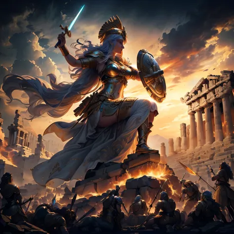 athena, furious at the desecration of her temple,,Woman in Roman costume holding sword and shield, God Athena, Goddess of War, Greek God Athena, God Athena, Lady of Wisdom, Digital painting of Greek mythology, Golden Woman God Athena, mythology artwork, Gr...