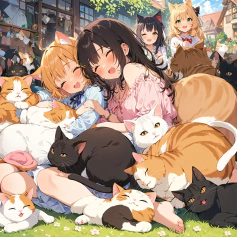 (best quality,ultra-detailed,highres,masterpiece:1.2),a girl sleeping next to a cat,girls oh so happy and excited,playful cats relaxing on the ground,a beautiful white cat,a mischievous black cat,a cute calico cat,a lovely tabby cat,a majestic tortoiseshel...