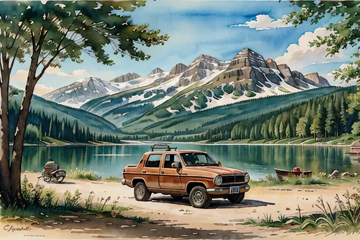 Hand drawn, Watercolour, Vintage, traveling, forest, lake, mountain, vehicle 