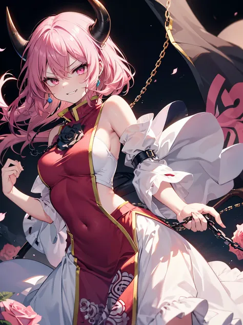 1girl, {{ibaraki_kasen_(touhou)}}, {{{{black tabard}}}}, pink rose, {{{white long skirt}}}, {{{sleeveless}}}, jewelry pink_eyes, pink long_hair, floating hair, {{{{oni, thick_two_horns in head}}}}, fangs, sharp_teeth, metal {{shackles}}, chain, evil smirk,...