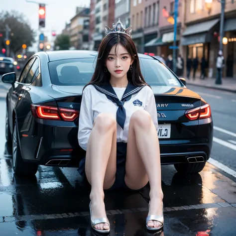 SFW, (Closeup from Crotch to Face) ExtremelyDetailed (SchoolGirl Lean against the Car) Spread Knees Up, perfect face, Brilliant(Tiny Crown), Detailed(Delicate Clothing textures) Sailor Uniform with Red Ribbon (((WhitePanties))), PerfectHand with Childish 4...