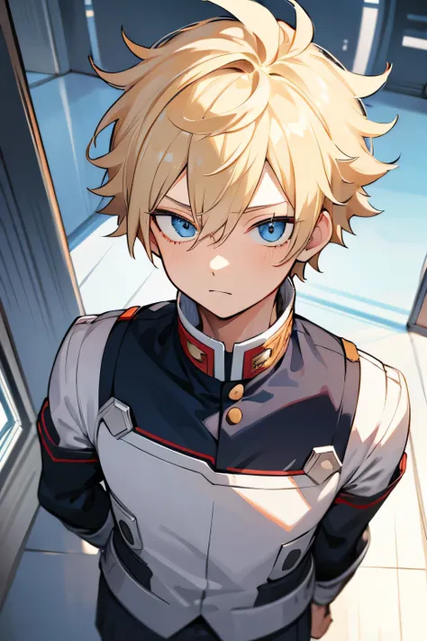 1boy, blonde hair, blue eyes, messy hair, short hsir, UA high uniform, my hero academia uniform, standing, straight, half body, only upper half,looking at tye camera