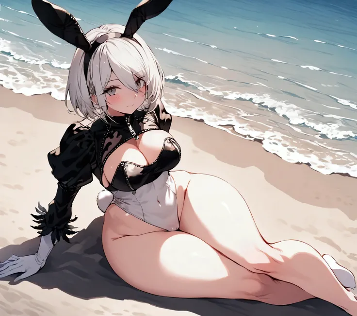 Best Quality, 2B Nier Automata, bunny bodysuit with backless design and zipper, Whole body, without underwear or briefs, sexy clothes, on the beach, Wide hips 