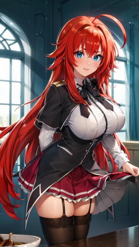 rias gremory, 1girl, long hair, red hair, ahoge, blue eyes, large breasts, very long hair, breasts,huge ahoge,
BREAK (pilot suit:1.2)
BREAK looking at viewer,standing, leaning forward, (arms behind back:1.2),
BREAK indoors,
BREAK (masterpiece:1.2), best qu...