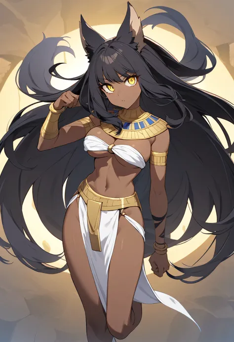 looking at viewer, 1 woman, alone, Ancient Egyptian Clothing, long hair, wolf beastman, brown skin, black hair, yellow eyes, big bust, sharp eyes, whole body