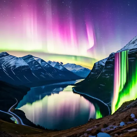 the aurora bore over a lake with mountains in the background, northern lights, with aurora borealis in the sky, aurora borealis, ❤🔥🍄🌪, by Harald Giersing, by Sven Nordqvist, by Anato Finnstark, dramatic aurora borealis, by Daren Bader, by Anton Lehmden, by...