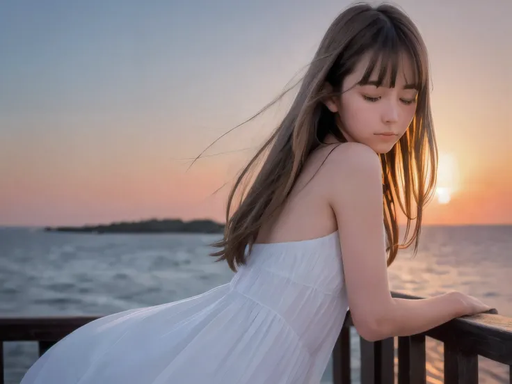 (Close up face shot of slender small-breasted half up blonde long hair with bangs girl wearing a white summer dress:1.5)、(One blonde hair girl is looking back and close her eyes with tears on the coast in Japan:1.5)、(Beautiful after sunset red sky with bi...