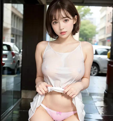 Highest quality、Best image quality、8k、masterpiece、Clear photos、Ultra-high resolution、Very cute girl、beautiful girl、Walking in a big city、building、Wearing a wet pink mini dress:1.8、Wear wet clothes:1.8、Wear tight clothes:1.8、(Soaking wet:1.2)、((Unbutton you...