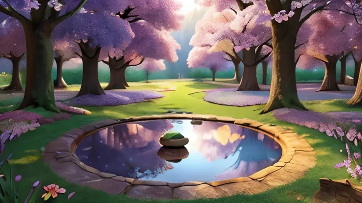 A fantastic large round puddle、Colorful and mysterious forest、A fairytale round puddle、A round puddle in medieval Europe、((Colorful Trees、Colorful flowers:1.1))