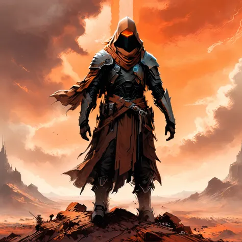 axe-spire dusty brown orange man standing on the edge of horizon looking at the viewer, sci fi art style of the masters,