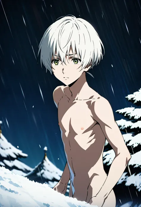 1-male, fushi(to_your_eternity), fushi(fumetsu_no_anata_e), white hair, green eyes, short hair, feeling worried and with cold, fully naked, frontal, in a snowstorm, north pole, full body, male genitals, small-size soft penis, handsome, detailed face, eyes ...