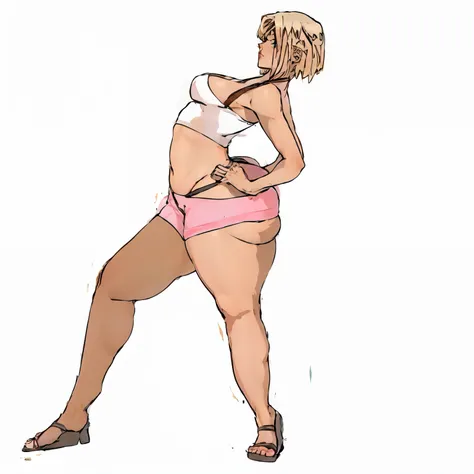 WOMAN WITH BLOND HAIR A WHITE TOP AND PINK SHORTS GAINT ASS BUBBLE BUT , STRECHING