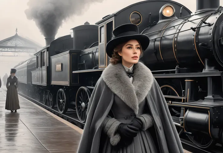 cake, black pencil haching, Charcoal drawing, toned paper, Drawing pencil,
A historical scene set in a foggy train station. foreground, on camera, Anna Karenina, dressed in elegant 19th century winter attire, including a fur cover, ha, if you play (((motio...
