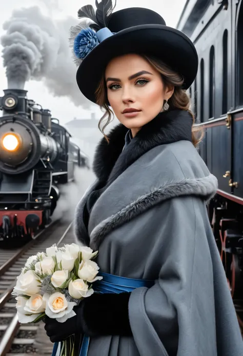 cake, black hatched pencil, Charcoal drawing, toned paper, Drawing pencil,
A historical scene set in a foggy train station. foreground, on camera, Anna Karenina, dressed in elegant 19th century winter attire, including a fur cover, a hat decorated with flo...