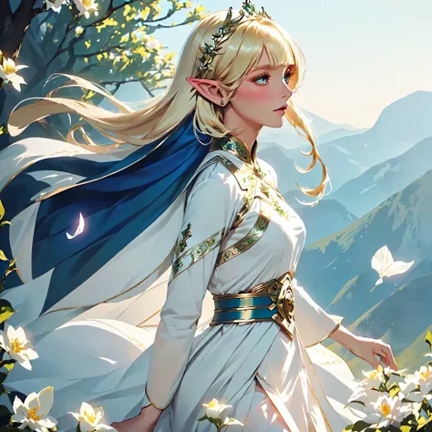 very beautiful elven top model, A beautiful elf in gorgeous robes, beautiful Elf Princess, Fantasy style 8k octane rendering, Movie goddess shot, Fantasy movie stills, Beautiful and elegant female elf, Shiny and elegant hair, Profile portrait of Elven roya...