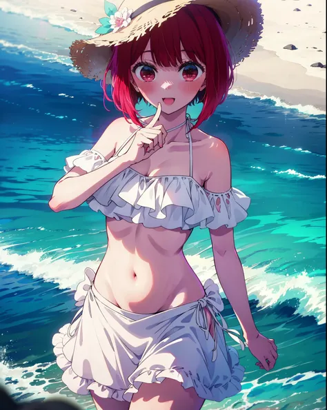 canary, Arima etc., short hair, bangs, (Red eyes:1.3), Redhead, Bobcut, Straw hat,smile,Open your mouth,blush,White string bikini swimsuit with frills,Belly button,abdomen,A thin long skirt is wrapped around her waist,barefoot,Sandy Beachに立っている,whole bodyが...