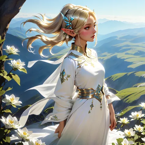 Arabian woman in a white dress standing in a flower field, very beautiful elven top model, A beautiful elf in gorgeous robes, beautiful Elf Princess, Fantasy style 8k octane rendering, Movie goddess shot, Fantasy movie stills, Beautiful and elegant female ...