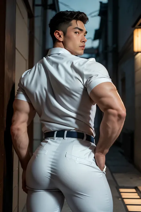 20-year-old boy japanese muscular male in white police uniform., wearing navy blue satin trouser...........gooning seductive exp...