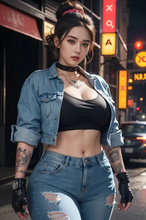 a beautiful woman, plump curvy body, updo hairstyle, body tattoes, urban warrior costume, headband, choker, necklace, denim jacket, gloves, red scratch, perfect abs, trousers, neon city, highly detailed, intricate details, cinematic lighting, vibrant color...