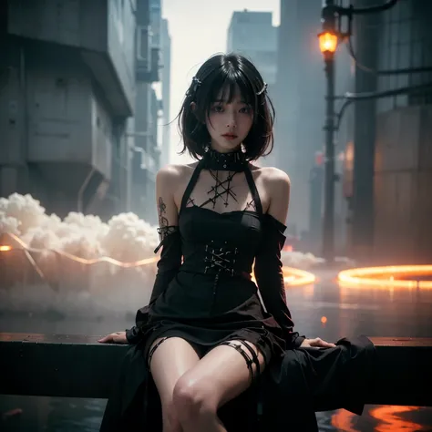 from below, technoir, moody, artistically refined, true-to-life visuals, breathtaking aesthetics, diffused natural skin glow, Girl sitting and enjoying the view, 24-years-old, slender, floating Medium Hair, bangs, (Gothic_punk dress:1.2), masterpiece, best...
