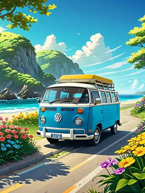 Lofi vibe yellow van parked on a road near a beach with flowers, kombi, wallpaper!, official artwork, vehicle illustration, bulli, official art, blue sky, multicolored flowers, colorful, camping chair, vw microbus driving, hot summertime hippie, background...