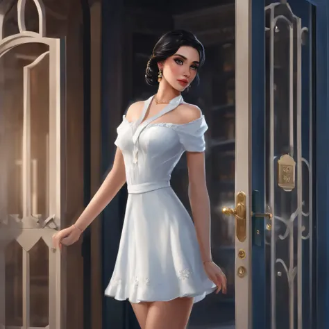 1 woman, black hair, blue pupils, delicate face, cute, love earrings, white dress, standing at the door of the police station, playful, ultra hd, masterpiece, best quality, super detail, ccurate