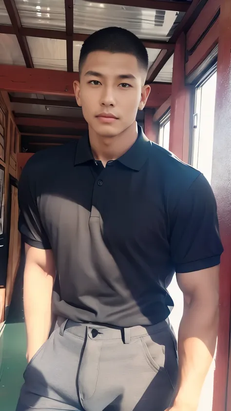 armface , Handsome young man standing, (have a mustache:1) ,(buzz cut:1.1), (short hair:1.2), The forearms are muscular., (Tight T-shirt:1.5),(black polo shirt:1.5), Jeans, Big muscles, Handsome and muscular, full body angle, (Fitness:1.1), natural light 